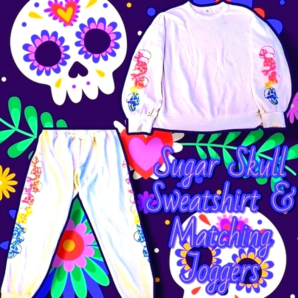 Women's Colorful Sugar Skull Sweatshirt and Matching Sweatpants in White Large